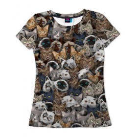 Женская футболка 3D с принтом Коты разных пород , 100% полиэфир ( синтетическое хлопкоподобное полотно) | прямой крой, круглый вырез горловины, длина до линии бедер | бенгальский | кот | котик | котики | кошка | мейн кун | паттерн | персидский | сиамский | сфинкс