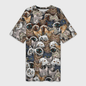 Платье-футболка 3D с принтом Коты разных пород ,  |  | бенгальский | кот | котик | котики | кошка | мейн кун | паттерн | персидский | сиамский | сфинкс