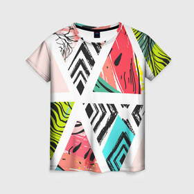 Женская футболка 3D с принтом Summer , 100% полиэфир ( синтетическое хлопкоподобное полотно) | прямой крой, круглый вырез горловины, длина до линии бедер | abstract | abstraction | geometry | summer | абстракция | арбуз | геометрия | лето | линии | полосы | фрукты