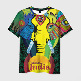 Мужская футболка 3D с принтом Мама Индия , 100% полиэфир | прямой крой, круглый вырез горловины, длина до линии бедер | Тематика изображения на принте: ганеша | гималаи | индия | йога | кислота | практика | психоделика | слон | ярко