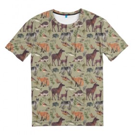 Мужская футболка 3D с принтом Wild animals , 100% полиэфир | прямой крой, круглый вырез горловины, длина до линии бедер | animals | deer | forest | fox | nature | wild nature | дикие животные | ёжик | лес | лиса | олень | природа | рыба