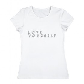 Женская футболка хлопок с принтом LOVE YOURSELF_2 , 100% хлопок | прямой крой, круглый вырез горловины, длина до линии бедер, слегка спущенное плечо | bangtan boys | bts | бантаны | бтс