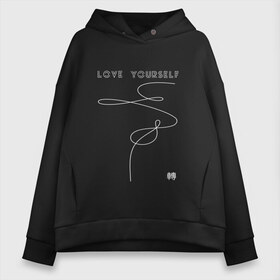 Женское худи Oversize хлопок с принтом LOVE YOURSELF_ , френч-терри — 70% хлопок, 30% полиэстер. Мягкий теплый начес внутри —100% хлопок | боковые карманы, эластичные манжеты и нижняя кромка, капюшон на магнитной кнопке | bangtan boys | bts | бантаны | бтс