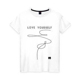 Женская футболка хлопок с принтом LOVE YOURSELF _ , 100% хлопок | прямой крой, круглый вырез горловины, длина до линии бедер, слегка спущенное плечо | bangtan boys | bts | бантаны | бтс