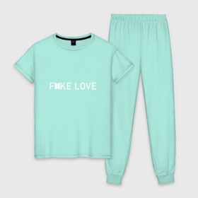 Женская пижама хлопок с принтом FAKE LOVE_ , 100% хлопок | брюки и футболка прямого кроя, без карманов, на брюках мягкая резинка на поясе и по низу штанин | Тематика изображения на принте: bangtan boys | bts | бантаны | бтс