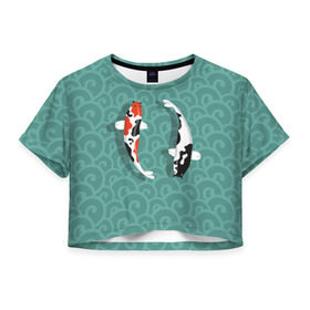 Женская футболка 3D укороченная с принтом Японские рыбки , 100% полиэстер | круглая горловина, длина футболки до линии талии, рукава с отворотами | карпы | кои | рыбы | япония