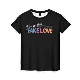 Женская футболка 3D с принтом FAKE LOVE , 100% полиэфир ( синтетическое хлопкоподобное полотно) | прямой крой, круглый вырез горловины, длина до линии бедер | bangtan boys | bts | бантаны | бтс