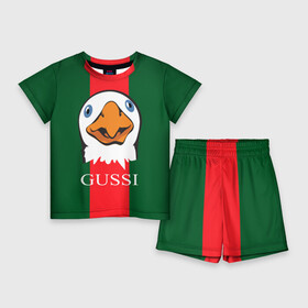 Детский костюм с шортами 3D с принтом GUSSI ,  |  | Тематика изображения на принте: gucci | gussi ga ga ga | gussi gang | бренд | гусь | птица