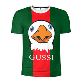 Мужская футболка 3D спортивная с принтом GUSSI , 100% полиэстер с улучшенными характеристиками | приталенный силуэт, круглая горловина, широкие плечи, сужается к линии бедра | Тематика изображения на принте: gucci | gussi ga ga ga | gussi gang | бренд | гусь | птица