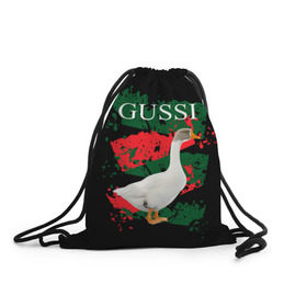 Рюкзак-мешок 3D с принтом Gussi , 100% полиэстер | плотность ткани — 200 г/м2, размер — 35 х 45 см; лямки — толстые шнурки, застежка на шнуровке, без карманов и подкладки | gucci | gussi ga ga ga | gussi gang | бренд | гусь | птица