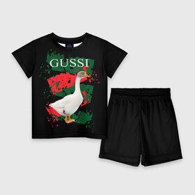 Детский костюм с шортами 3D с принтом Gussi ,  |  | Тематика изображения на принте: gucci | gussi ga ga ga | gussi gang | бренд | гусь | птица