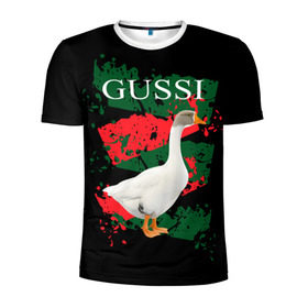 Мужская футболка 3D спортивная с принтом Gussi , 100% полиэстер с улучшенными характеристиками | приталенный силуэт, круглая горловина, широкие плечи, сужается к линии бедра | Тематика изображения на принте: gucci | gussi ga ga ga | gussi gang | бренд | гусь | птица