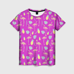 Женская футболка 3D с принтом Тропическое наслаждения , 100% полиэфир ( синтетическое хлопкоподобное полотно) | прямой крой, круглый вырез горловины, длина до линии бедер | африка | крылья | мода | прикольные | природа | птица | розовый | фламинго | цвет | яркие