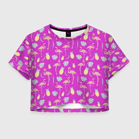 Женская футболка Cropp-top с принтом Тропическое наслаждения , 100% полиэстер | круглая горловина, длина футболки до линии талии, рукава с отворотами | африка | крылья | мода | прикольные | природа | птица | розовый | фламинго | цвет | яркие