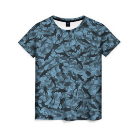 Женская футболка 3D с принтом Акулы и дайверы , 100% полиэфир ( синтетическое хлопкоподобное полотно) | прямой крой, круглый вырез горловины, длина до линии бедер | аквалангист | камуфляж | милитари | молот | море | рыба