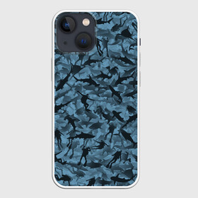 Чехол для iPhone 13 mini с принтом Акулы и дайверы ,  |  | аквалангист | камуфляж | милитари | молот | море | рыба