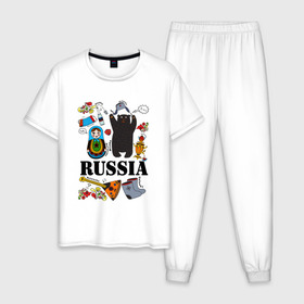 Мужская пижама хлопок с принтом Россия , 100% хлопок | брюки и футболка прямого кроя, без карманов, на брюках мягкая резинка на поясе и по низу штанин
 | Тематика изображения на принте: балалайка | матрёшка | медведь | россия | стереотипы