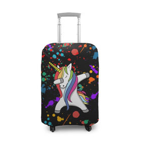 Чехол для чемодана 3D с принтом ЕДИНОРОГ РАДУГА (ЧЕРНЫЙ) , 86% полиэфир, 14% спандекс | двустороннее нанесение принта, прорези для ручек и колес | Тематика изображения на принте: color | dab | pony | rainbow | unicornis dab | брызги | даб | единорог | единорог радуга | животные | краски | красочные | ляпистые | пони | радуга | цвета радуги