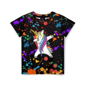Детская футболка 3D с принтом ЕДИНОРОГ РАДУГА (ЧЕРНЫЙ) , 100% гипоаллергенный полиэфир | прямой крой, круглый вырез горловины, длина до линии бедер, чуть спущенное плечо, ткань немного тянется | color | dab | pony | rainbow | unicornis dab | брызги | даб | единорог | единорог радуга | животные | краски | красочные | ляпистые | пони | радуга | цвета радуги