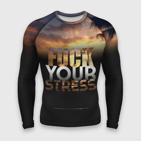 Мужской рашгард 3D с принтом Fuck Your Stress ,  |  | Тематика изображения на принте: black | orange | palm trees | stress | sunset | yellow | your | желтый | закат | оранжевый | пальмы | стресс | твой | черный