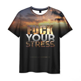 Мужская футболка 3D с принтом Fuck Your Stress , 100% полиэфир | прямой крой, круглый вырез горловины, длина до линии бедер | Тематика изображения на принте: black | orange | palm trees | stress | sunset | yellow | your | желтый | закат | оранжевый | пальмы | стресс | твой | черный