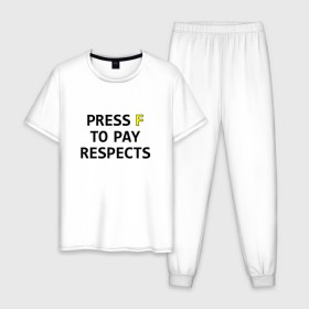 Мужская пижама хлопок с принтом Press F to pay respects , 100% хлопок | брюки и футболка прямого кроя, без карманов, на брюках мягкая резинка на поясе и по низу штанин
 | Тематика изображения на принте: press f | игры | нажми f | нажми ф