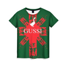 Женская футболка 3D с принтом GUSSI Union Jack , 100% полиэфир ( синтетическое хлопкоподобное полотно) | прямой крой, круглый вырез горловины, длина до линии бедер | gucci | gussi ga ga ga | gussi gang | бренд | британия | великобритания | птица | юнион джек