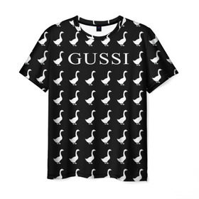 Мужская футболка 3D с принтом Gussi Black , 100% полиэфир | прямой крой, круглый вырез горловины, длина до линии бедер | Тематика изображения на принте: gucci | gussi ga ga ga | gussi gang | бренд | гусь | птица