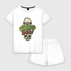 Женская пижама с шортиками хлопок с принтом Skate or die 2 , 100% хлопок | футболка прямого кроя, шорты свободные с широкой мягкой резинкой | скейт | спорт | череп | экстрим