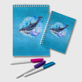 Блокнот с принтом Дельфин , 100% бумага | 48 листов, плотность листов — 60 г/м2, плотность картонной обложки — 250 г/м2. Листы скреплены удобной пружинной спиралью. Цвет линий — светло-серый
 | Тематика изображения на принте: dolphin | акварель | дельфин | море | морские млекопитающие | океан | синий
