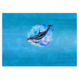 Поздравительная открытка с принтом Дельфин , 100% бумага | плотность бумаги 280 г/м2, матовая, на обратной стороне линовка и место для марки
 | dolphin | акварель | дельфин | море | морские млекопитающие | океан | синий