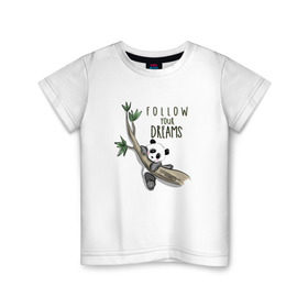 Детская футболка хлопок с принтом Следуй за мечтой , 100% хлопок | круглый вырез горловины, полуприлегающий силуэт, длина до линии бедер | ветка | женская | женские | летние | летняя | медведи | медведь | мечта | мечты | панда | панды