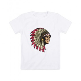 Детская футболка хлопок с принтом Индеец , 100% хлопок | круглый вырез горловины, полуприлегающий силуэт, длина до линии бедер | Тематика изображения на принте: америка | американец | индеец | индейцы | коренной американец | перья | с индейцом | сша | хипстер