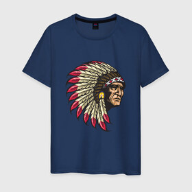 Мужская футболка хлопок с принтом Индеец , 100% хлопок | прямой крой, круглый вырез горловины, длина до линии бедер, слегка спущенное плечо. | америка | американец | индеец | индейцы | коренной американец | перья | с индейцом | сша | хипстер