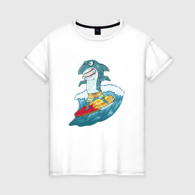 Женская футболка хлопок с принтом Акула Серфер , 100% хлопок | прямой крой, круглый вырез горловины, длина до линии бедер, слегка спущенное плечо | лето | серфинг | спорт