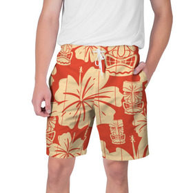 Мужские шорты 3D с принтом Гавайские маски ,  полиэстер 100% | прямой крой, два кармана без застежек по бокам. Мягкая трикотажная резинка на поясе, внутри которой широкие завязки. Длина чуть выше колен | идол | паттерн | цветы