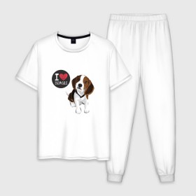 Мужская пижама хлопок с принтом Я люблю Бигля , 100% хлопок | брюки и футболка прямого кроя, без карманов, на брюках мягкая резинка на поясе и по низу штанин
 | beagle | бигли | бигль | с биглем | с обакой | собака | собаки | собачки