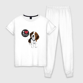 Женская пижама хлопок с принтом Я люблю Бигля , 100% хлопок | брюки и футболка прямого кроя, без карманов, на брюках мягкая резинка на поясе и по низу штанин | beagle | бигли | бигль | с биглем | с обакой | собака | собаки | собачки