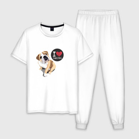 Мужская пижама хлопок с принтом Я люблю Бульдога , 100% хлопок | брюки и футболка прямого кроя, без карманов, на брюках мягкая резинка на поясе и по низу штанин
 | bulldog | бульдог | с бульдогом | с собакой | собака | собаки | я люблю