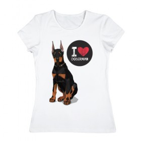 Женская футболка хлопок с принтом Я люблю Добермана , 100% хлопок | прямой крой, круглый вырез горловины, длина до линии бедер, слегка спущенное плечо | доберман | с доберманом | собака | собаки | собачки | я люблю
