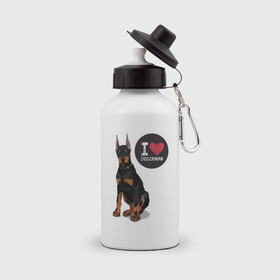 Бутылка спортивная с принтом Я люблю Добермана , металл | емкость — 500 мл, в комплекте две пластиковые крышки и карабин для крепления | доберман | с доберманом | собака | собаки | собачки | я люблю