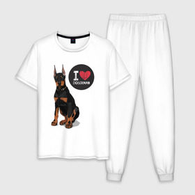 Мужская пижама хлопок с принтом Я люблю Добермана , 100% хлопок | брюки и футболка прямого кроя, без карманов, на брюках мягкая резинка на поясе и по низу штанин
 | Тематика изображения на принте: доберман | с доберманом | собака | собаки | собачки | я люблю