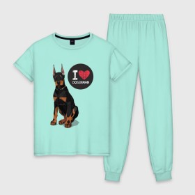 Женская пижама хлопок с принтом Я люблю Добермана , 100% хлопок | брюки и футболка прямого кроя, без карманов, на брюках мягкая резинка на поясе и по низу штанин | доберман | с доберманом | собака | собаки | собачки | я люблю