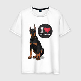 Мужская футболка хлопок с принтом Я люблю Добермана , 100% хлопок | прямой крой, круглый вырез горловины, длина до линии бедер, слегка спущенное плечо. | Тематика изображения на принте: доберман | с доберманом | собака | собаки | собачки | я люблю