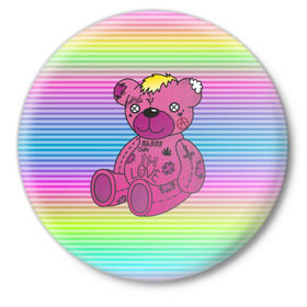 Значок с принтом Мишка Lil Peep ,  металл | круглая форма, металлическая застежка в виде булавки | Тематика изображения на принте: gbc | hip hop | lil peep | love | pink | rap | лил пип | лилпип | медведь | медвежонок | мишка | реп | розовый | рэп | тату | трэп | хип хоп | эмо