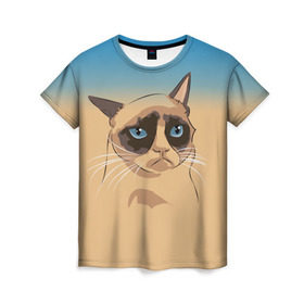 Женская футболка 3D с принтом Grumpy cat ART , 100% полиэфир ( синтетическое хлопкоподобное полотно) | прямой крой, круглый вырез горловины, длина до линии бедер | cat | grumpy | грустный кот | киса | кот | котэ | котяра | кошка | мем | сердитый кот