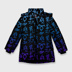 Зимняя куртка для девочек 3D с принтом Blue runes , ткань верха — 100% полиэстер; подклад — 100% полиэстер, утеплитель — 100% полиэстер. | длина ниже бедра, удлиненная спинка, воротник стойка и отстегивающийся капюшон. Есть боковые карманы с листочкой на кнопках, утяжки по низу изделия и внутренний карман на молнии. 

Предусмотрены светоотражающий принт на спинке, радужный светоотражающий элемент на пуллере молнии и на резинке для утяжки. | Тематика изображения на принте: freeform | shadowhunters | доминик шервуд | клэри фрэй | кэтрин макнамара | фэнтази