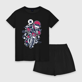 Женская пижама с шортиками хлопок с принтом Мотоциклист , 100% хлопок | футболка прямого кроя, шорты свободные с широкой мягкой резинкой | гонки | граффити | мото | мотоцикл | мотоциклист | мотоциклы | скорость