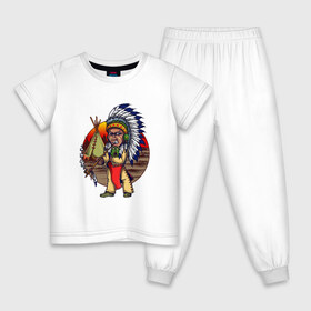 Детская пижама хлопок с принтом Индеец , 100% хлопок |  брюки и футболка прямого кроя, без карманов, на брюках мягкая резинка на поясе и по низу штанин
 | Тематика изображения на принте: ацтек | ацтеки | индеец | индейцы | инди | коренные американцы | перья