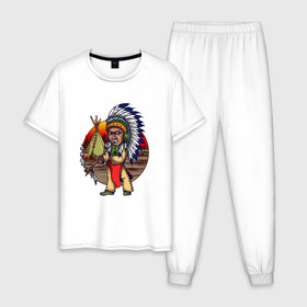 Мужская пижама хлопок с принтом Индеец , 100% хлопок | брюки и футболка прямого кроя, без карманов, на брюках мягкая резинка на поясе и по низу штанин
 | ацтек | ацтеки | индеец | индейцы | инди | коренные американцы | перья